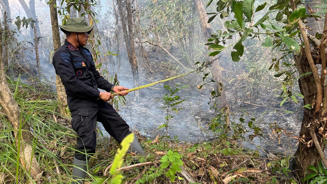 Brimob Polda Sulbar dan Warga Bahu-Membahu Padamkan Kebakaran Lahan di Pulau Battoa Polman