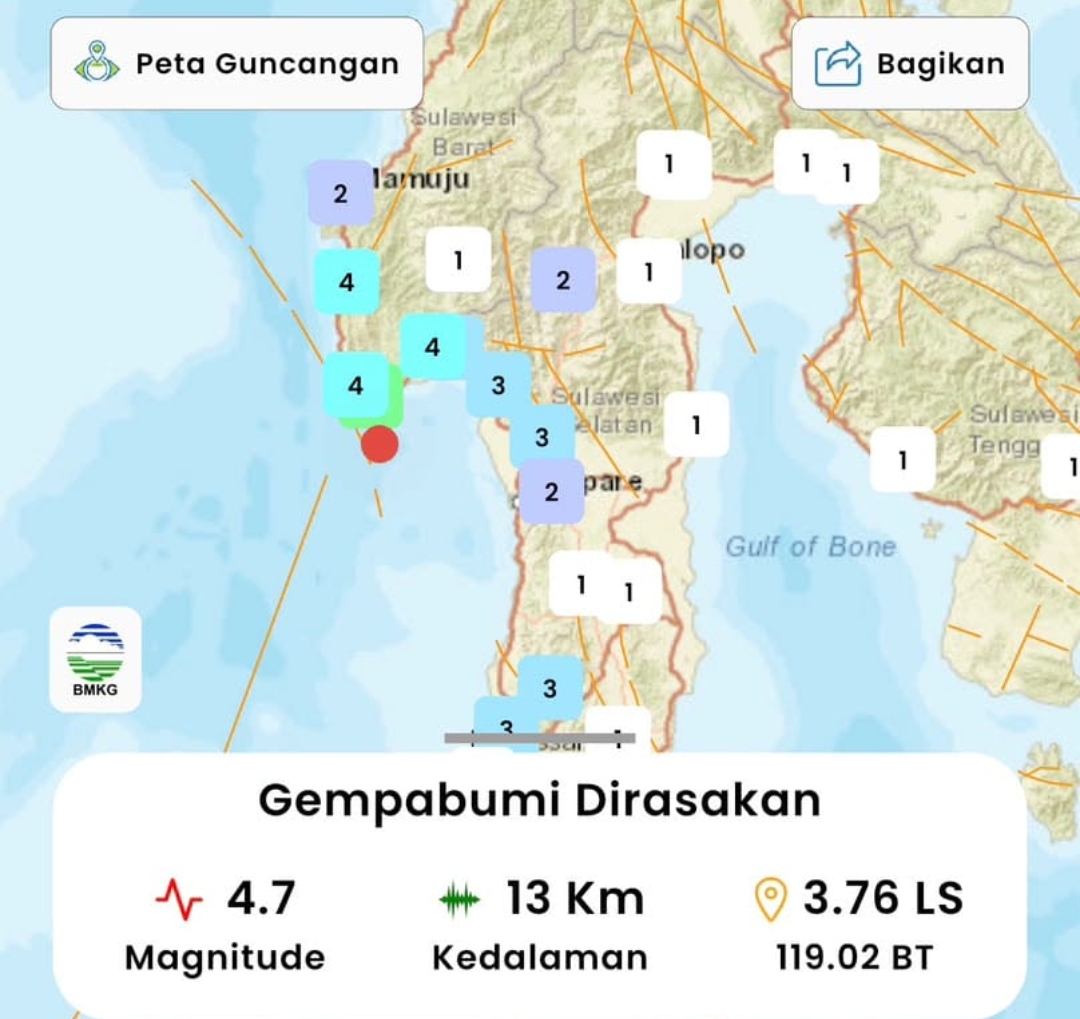 Gempa Magnitudo 4,7 Guncang Selatan Polman, BPBD Sulbar Himbau Masyarakat Tetap Tenang dan Waspada